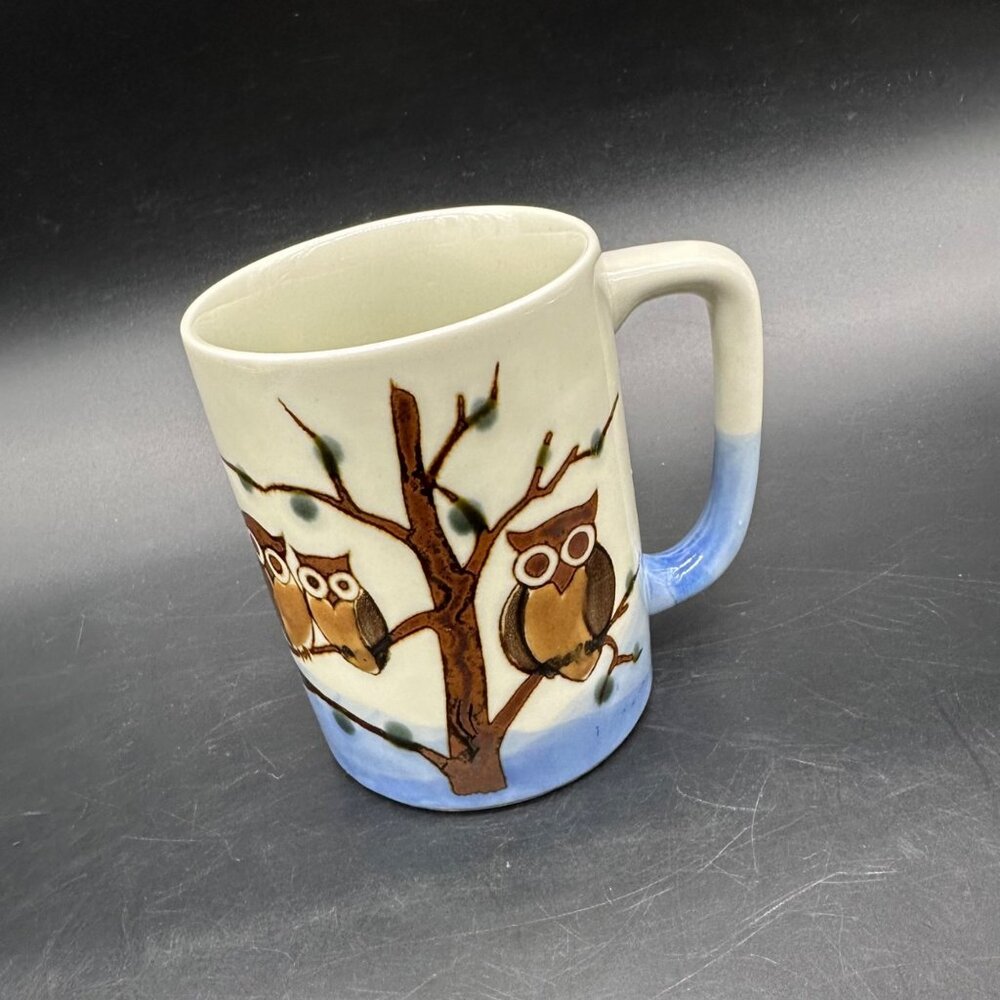 Vintage Mug Otagiri Owl Family Ombre Blue Brown Coffee Cup Retro Ceramic